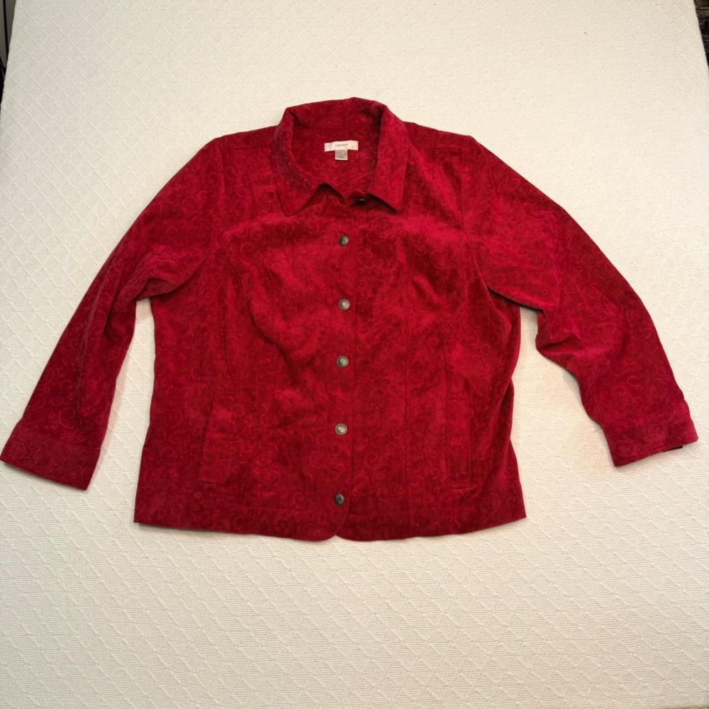 CJ Banks Red Corduroy Jacket Plus Size 1X Button Up Swirl Pattern Shacket